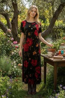 Vintage Black Velvet Floral Maxi Dress Whimsigoth 90s